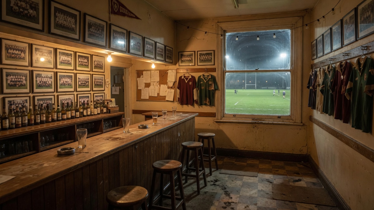 Community rugby clubhouse looking out onto a floodlit field