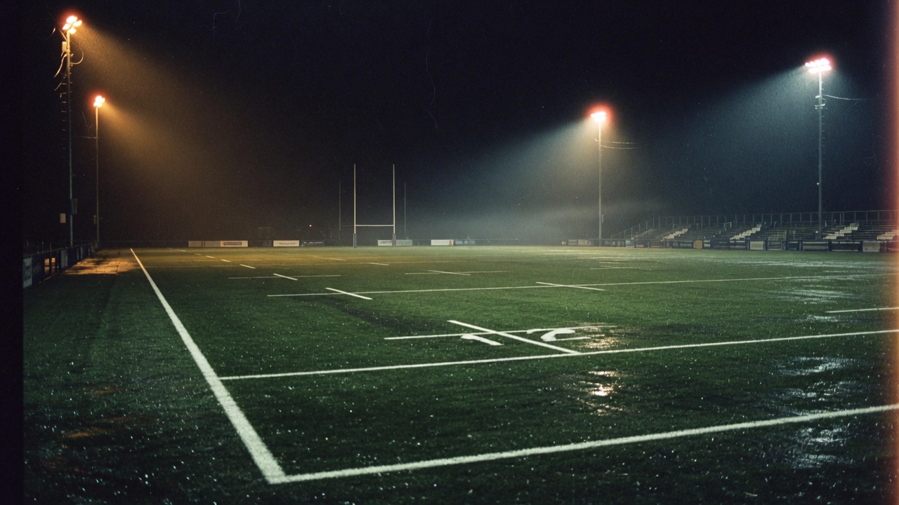 Empty rugby union field under floodlights