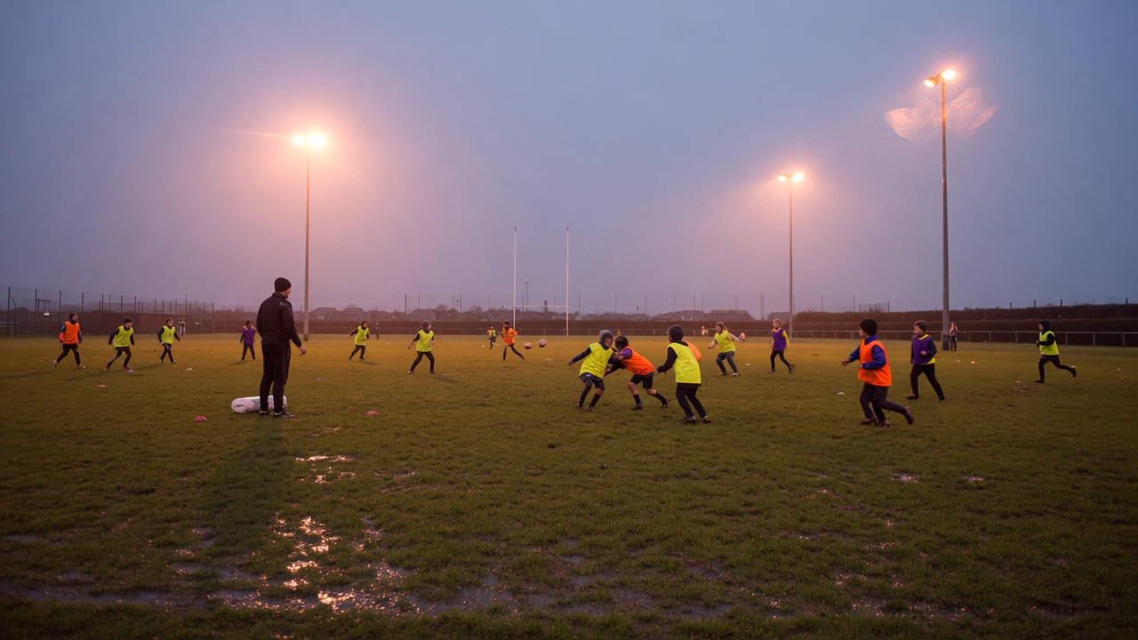 Junior rugby training under floodlights at dusk