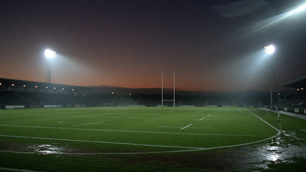 Empty rugby ground as floodlights come on at dusk