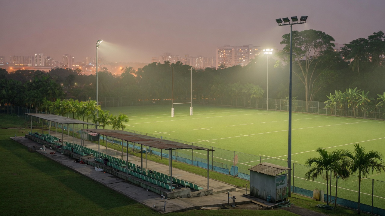 Floodlit tropical rugby pitch at a Singapore sports precinct