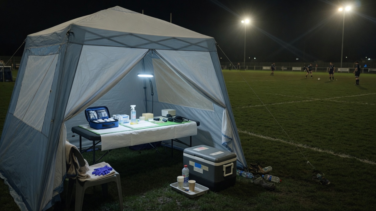 Sideline medical tent at a community rugby ground